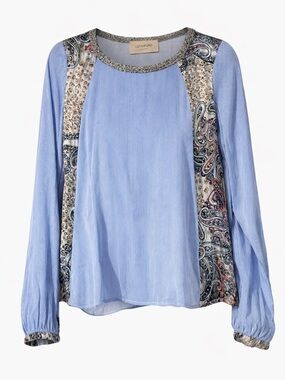 LOYD/FORD Blue Paisley Contrast Blouse Boho Lightweight Sz M Anthro